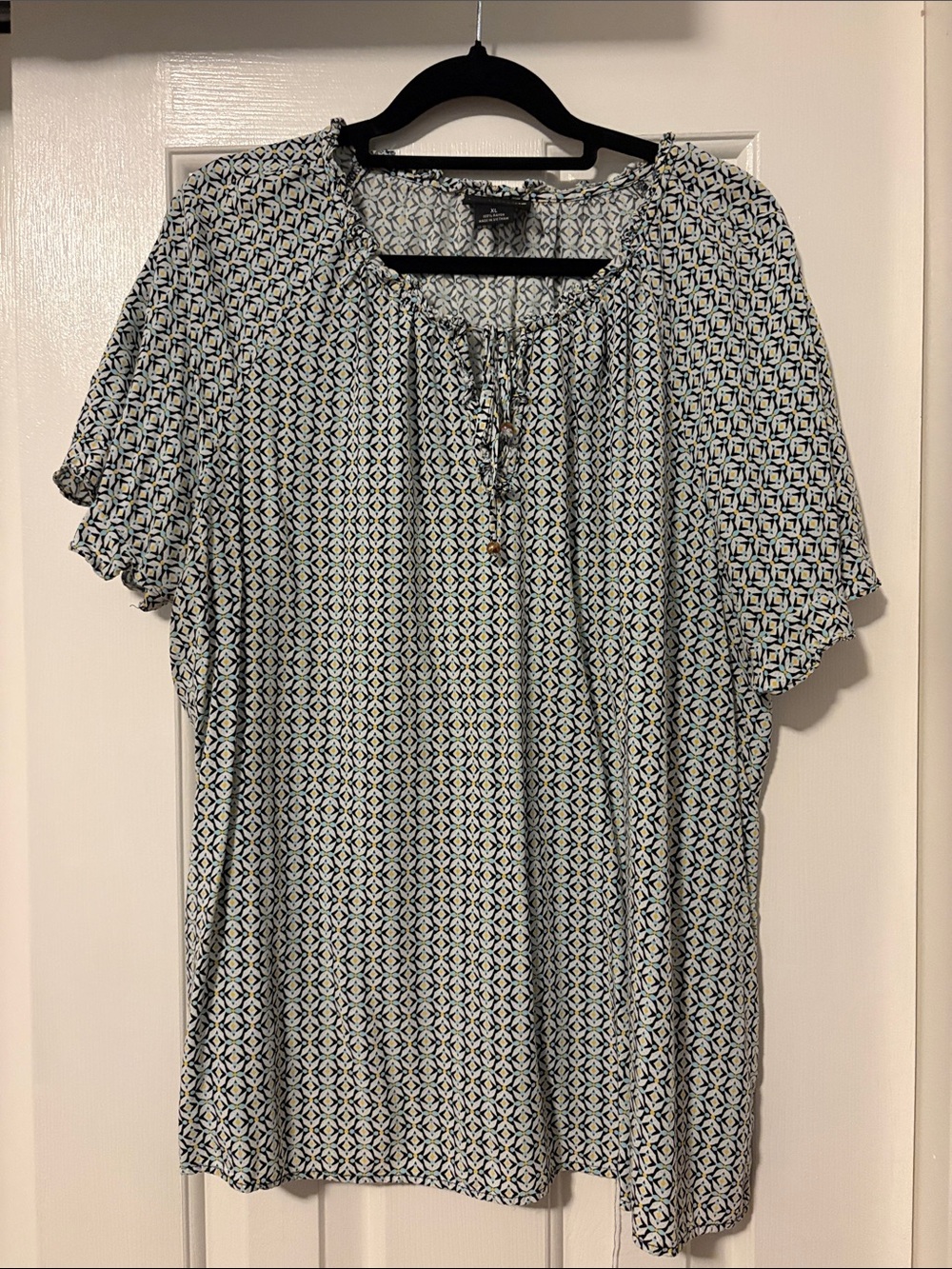 Liz Claiborne Navy and White Geometric Tie-Neck Blouse